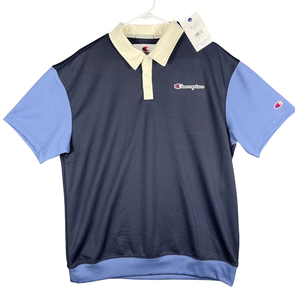 Champion Arena Polo Mens L Navy Blue Colorblock‎ Mesh Short Sleeve Casual